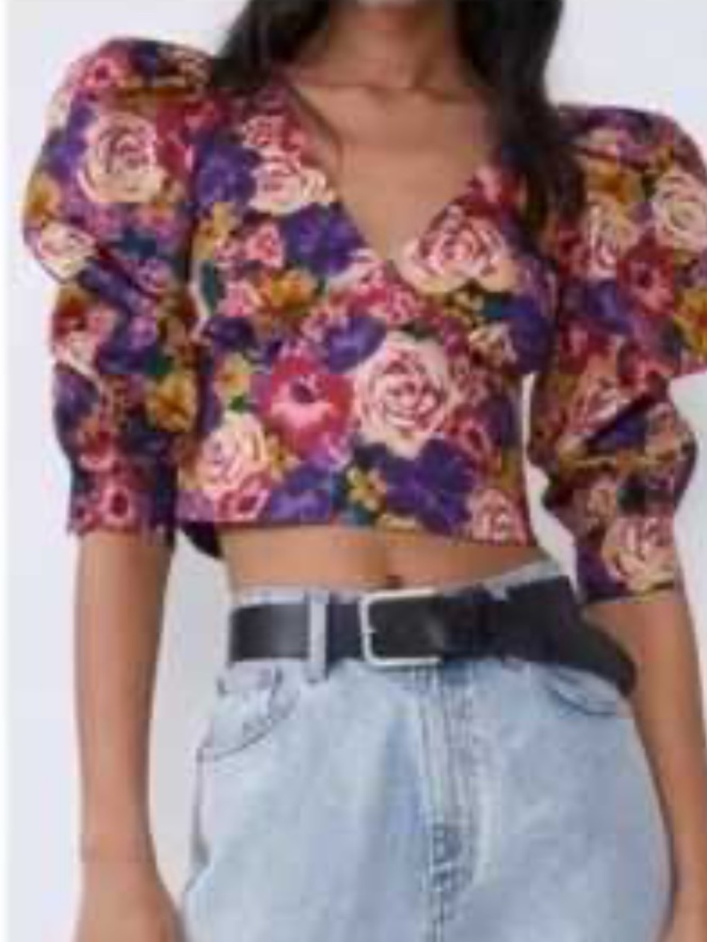 Zara Multicolor Floral Puff-Sleeve V-Neck Crop Top